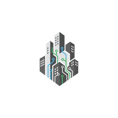 Naklejka premium Isometric city skyline with integrated circuit lines symbolizing smart urban connectivity on an isolated white background.