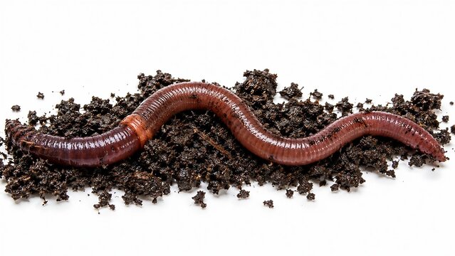 Live earthworm crawling on dark organic soil isolated on white. Biology and composting concept showing soil health.