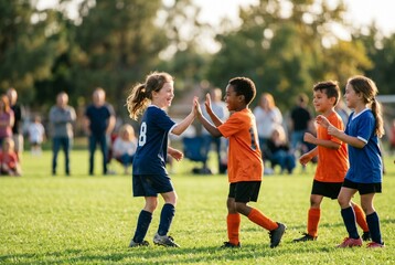 Diverse group of happy children celebrating with a high-five during a youth soccer match on a sunny field