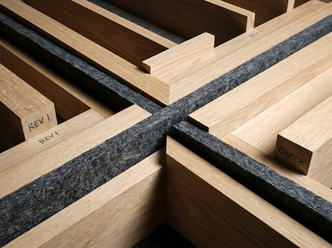 Modern architectural acoustic paneling intersecting wooden baffles and dark felt insulation for effective sound absorption in contemporary interior spaces