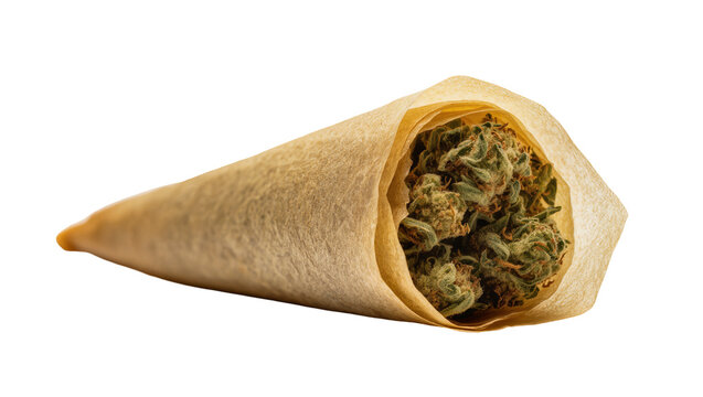Isolated fresh cannabis flower bud in an open paper cone ready for medical or recreational use