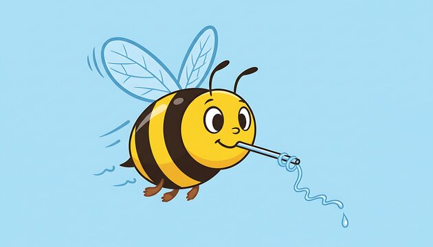Cartoon bee character happily flying and squirting liquid from its proboscis