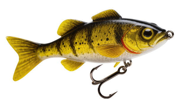 Isolated yellow and black spotted fish-shaped fishing bait with hook, angling equipment.