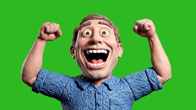 A joyful meme reaction green screen animation of a claymation man celebrating with arms raised, perfect for Cartoon