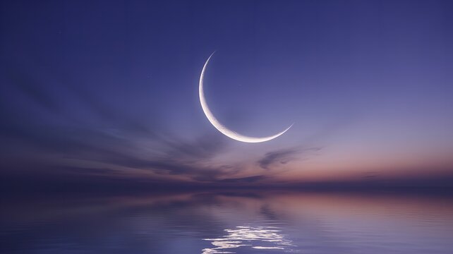 Scenic view of a crescent moon above a tranquil ocean at sunset or sunrise.