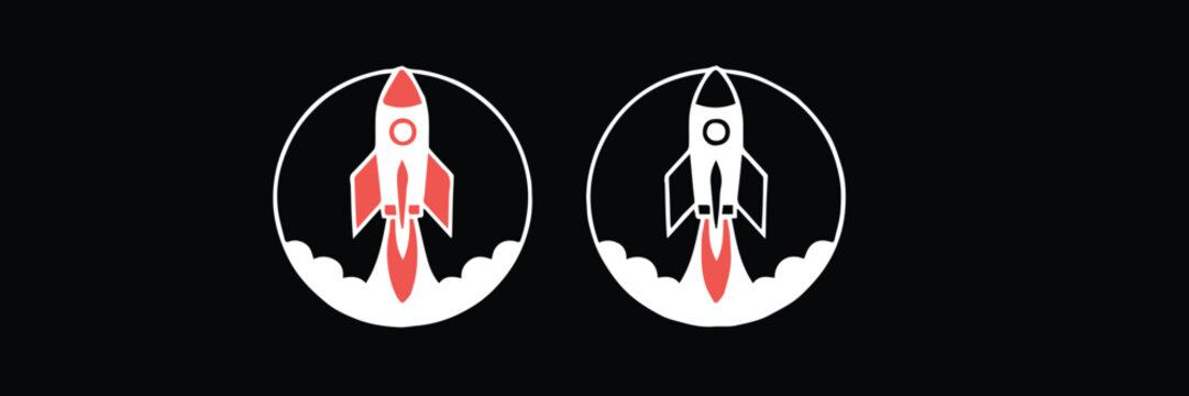 rocket launch icon circular badge with flames and clouds
