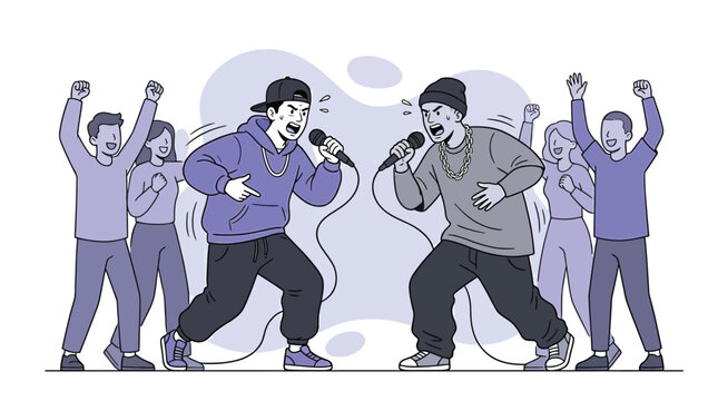 Two Rappers Performing in Rap Battle with Cheering Crowd Illustration