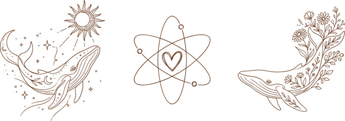 Minimal Boho Whale and Atomic Symbol Line Art Vector Collection with Celestial and Floral Decorative Elements © Danial