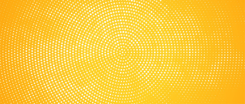 Yellow radial halftone background. Golden retro comic grain pixel texture. Pixelated dots Pop art wallpaper. Full Vector fading wavy gradient cartoon pattern.