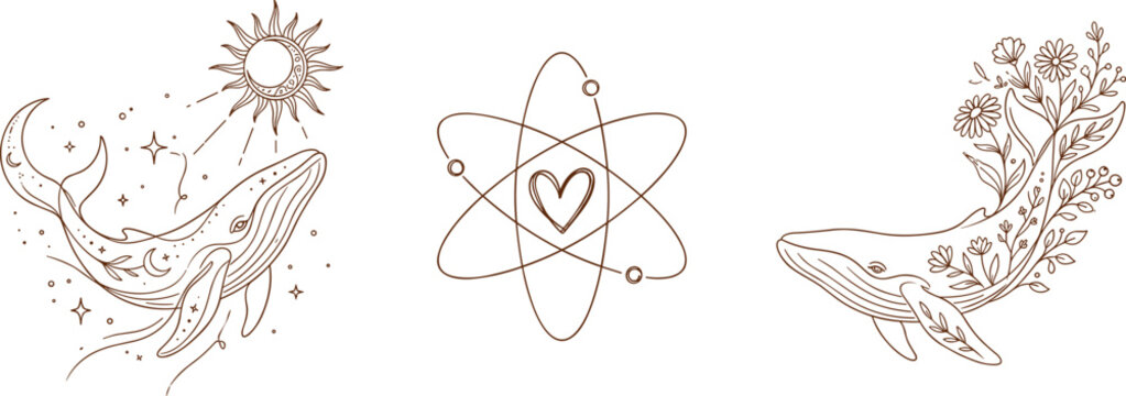 Minimal Boho Whale and Atomic Symbol Line Art Vector Collection with Celestial and Floral Decorative Elements