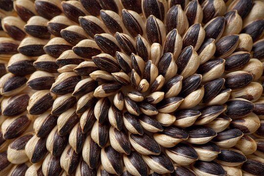 Dark brown and beige sunflower seeds create a spiral layout inspired by Fibonacci patterns in nature.