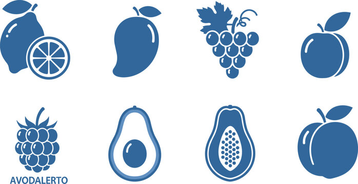 Healthy tropical fruit icons set featuring lemon mango grapes plum raspberry avocado papaya and peach illustrations.