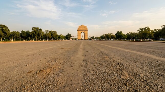 Wide perspective of Rajpath road leading to India gate monument under blue sky with scattered clouds in New Delhi city showing empty asphalt highway and green trees bordering historical district.