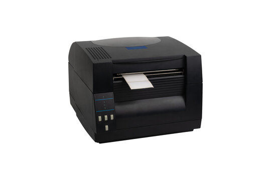 Label printer on a white background. Close-up of a thermal printer on a white background.