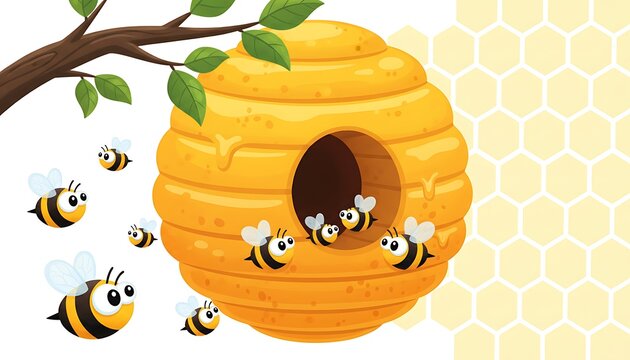 Cartoon beehive hangs from a green leafy branch with cute busy bees flying around