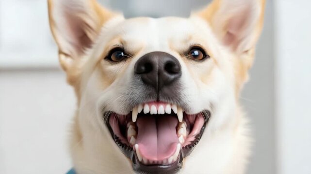 Happy dog with open mouth and playful expression indoors  