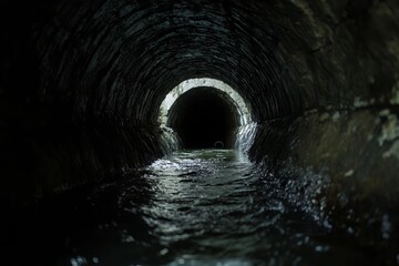 Obraz premium Dark tunnel with murky water flowing through, creating an eerie and mysterious scene at night
