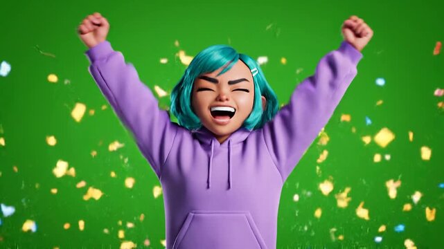 Excited cartoon character with teal hair and a purple hoodie celebrating a win against a Cartoon Animation Green Screen