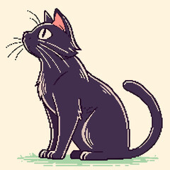 Pixel art drawing of a sitting black cat graphic. © KHUKUMONI