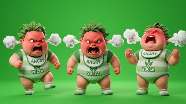 Three Cartoon Babies Displaying Anger and Frustration on Green Background.
