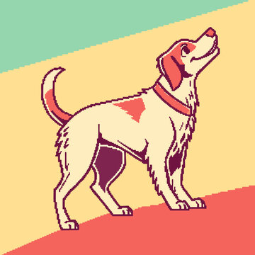Pixel art pointer dog standing on colorful slope.