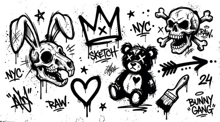 Urban graffiti doodle vector illustration with skulls, teddy bear, crown and street art sketch elements © Danial
