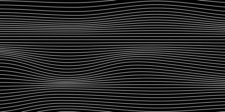 Abstract rippled or white lines pattern with wavy vibrant facture on black background and texture. Vector illustration