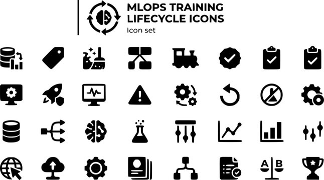 MLOps Model Training Lifecycle Icon Set Data Collect Label Clean Train Validate Evaluate Register Deploy Shadow Monitor Drift Alert Retrain Rollback Retire 30 Icons Flat Vector Machine Learning