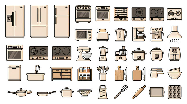 Flat Vector Icon Set of Kitchen Appliances and Utensils on White Background