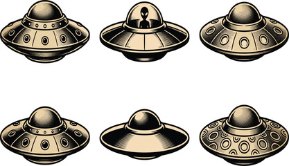 Vintage UFO and Flying Saucer Icon Set with Alien Pilot for Sci-Fi Projects, Retro Space Exploration Themes, and Paranormal Mystery Illustrations © kanichfatima