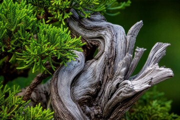 Fototapeta premium Gnarled Juniper Bonsai Trunk showcasing twisted deadwood and vibrant green foliage, symbolizing ancient resilience and natural beauty.