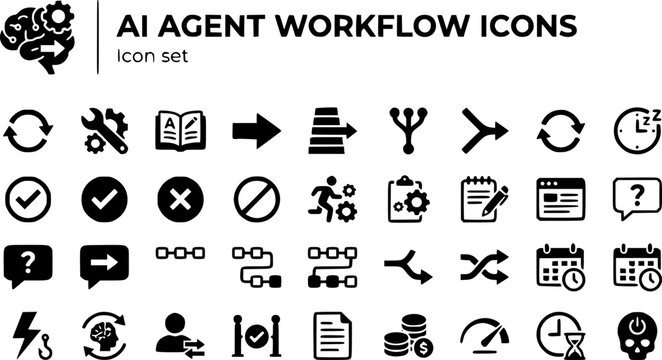 AI Agent Workflow Icon Set Thinking Loop Tool Call Memory Read Handoff Task Queue Spawn Merge Retry Planner Executor Scratchpad Context Window Prompt Branch Kill Switch 30 Icons Flat Vector Tech