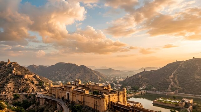 Magnificent amer fort architecture reflects rich history of rajasthan during sunset in jaipur india presenting beautiful clouds over palace complex and water feature for visitors across world now.