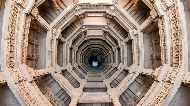 Ancient stone architecture of adalaj stepwell in gujarat india showcases intricate carved detailing within deep 