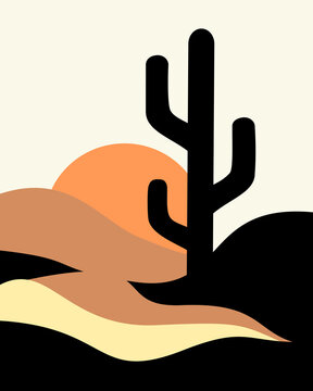  Desert Landscape With Cactus Silhouette And Sunset Over Rolling Sand Dunes