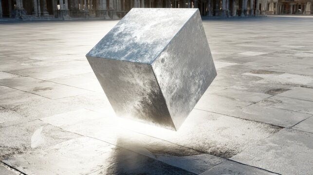 Tilted Metallic Cube on Stone Surface, Ready to Fall
