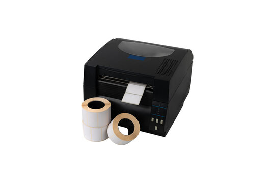Label printer on a white background. Close-up of a thermal printer on a white background.