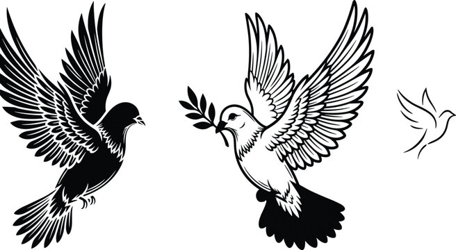 Black and White Flying Dove Vector Set with Olive Branch Peace Symbol for Religious Graphics, Freedom Concepts, Minimalist Logos, Tattoos, and Hope Themed Digital Illustrations