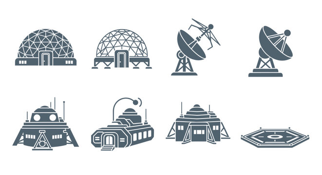 Collection of futuristic space station and satellite icons in various designs