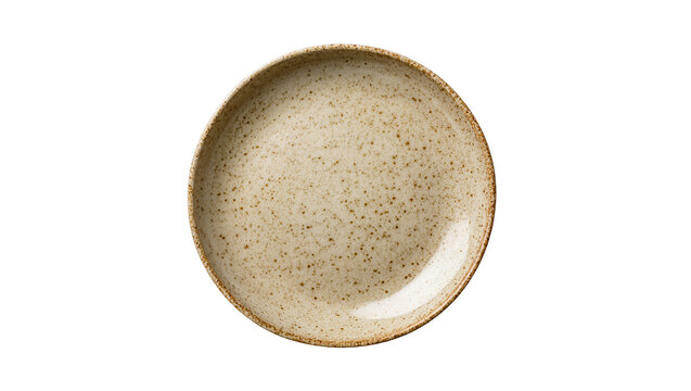 Isolated round rustic stoneware plate with speckled textured surface, empty beige dinnerware