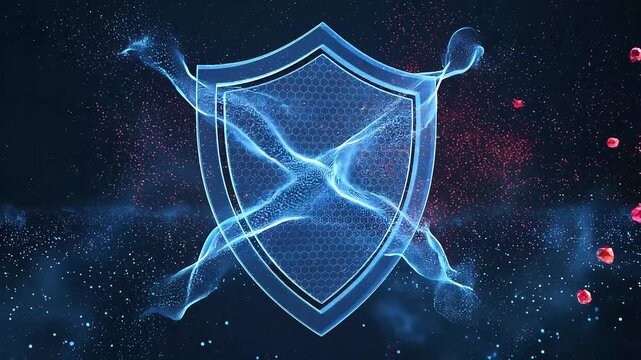 Blue hexagonal shield deflecting digital threats in dark network space