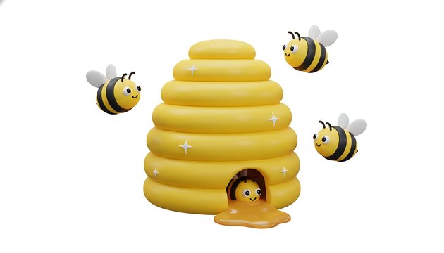 Cheerful cartoon bees fly around golden beehive with honey dripping