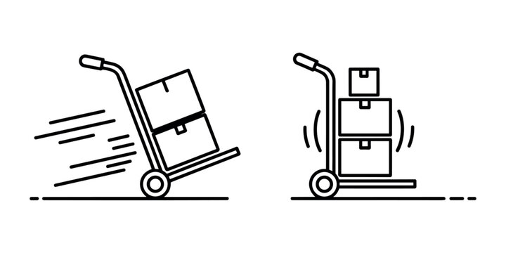 Two hand trucks with boxes one moving fast one stationary dolly trolley cart in white background