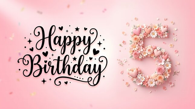 Happy 5th birthday wishes with pink floral number five and confetti