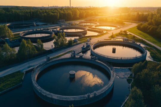 Modern industrial sewage treatment plant seen from above during sunset with various circular tanks and water structures