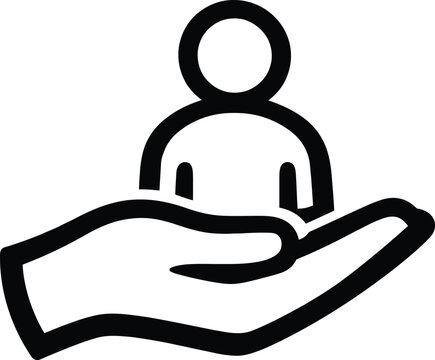 Minimalist outline human icon on an open palm for charitable support services concept.
