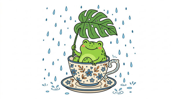 Whimsical frog sitting in teacup under leaf umbrella cute rainy vector art