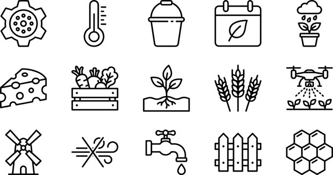 Agriculture and farming line icons vector collection with crops, irrigation, drones and sustainable food production symbols