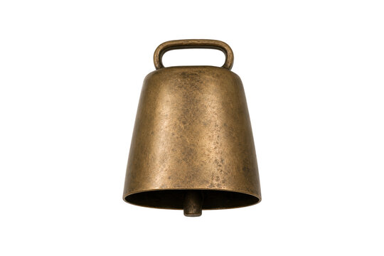 Antique brass cow bell isolated on white background, vintage livestock accessory with rustic metal texture and traditional farm equipment design