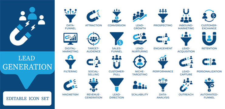 Lead Generation and Sales Funnel Icons. Featuring marketing magnets, customer acquisition, target audience, and conversion symbols. Professional duotone vector set for business growth apps